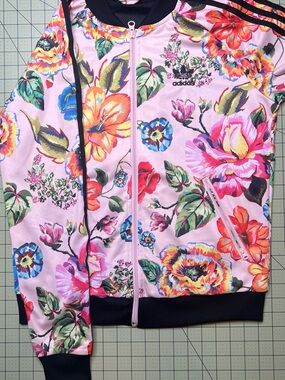 adidas Pink Floral Bomber Jacket with Black Trim